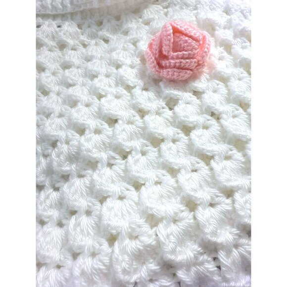 Handmade Crocheted White Girls OS Poncho Collar Cape Poncho Pink Rose Roll Neck - Picture 6 of 7